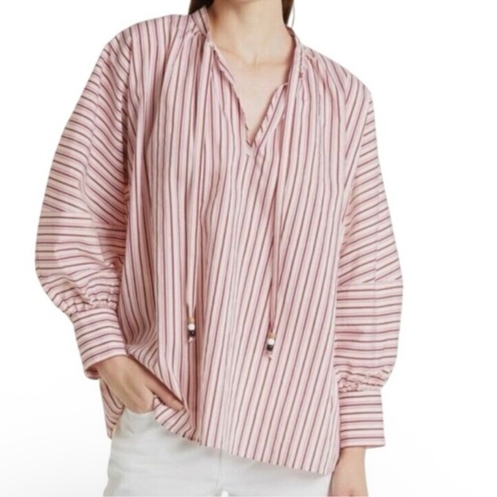 BOSS Bateco striped tie-neck oversized shirt‎ in sienna red